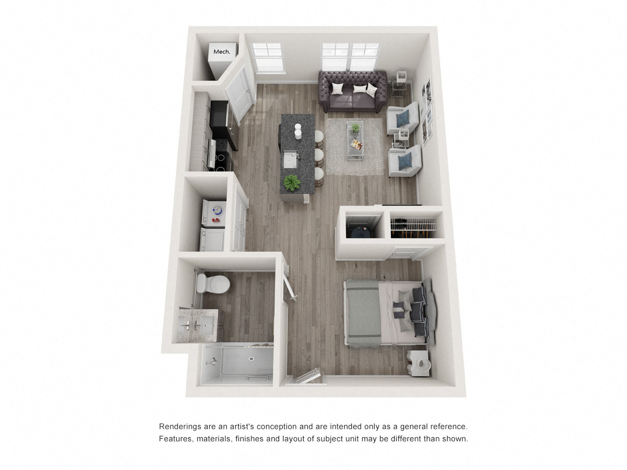 Floor plan for studio, 1 bath, 585 sqft